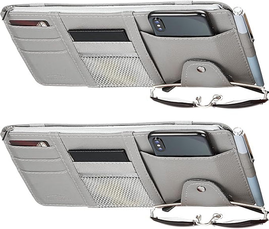 Boao 2 Packs Car Sun Visor Organizer, Sunglasses Holders for Car Sun Visor PU Auto Interior Accessories Storage Travel Document Holder with Multi Pocket (Gray, 12.2 x 6.1 Inches)
