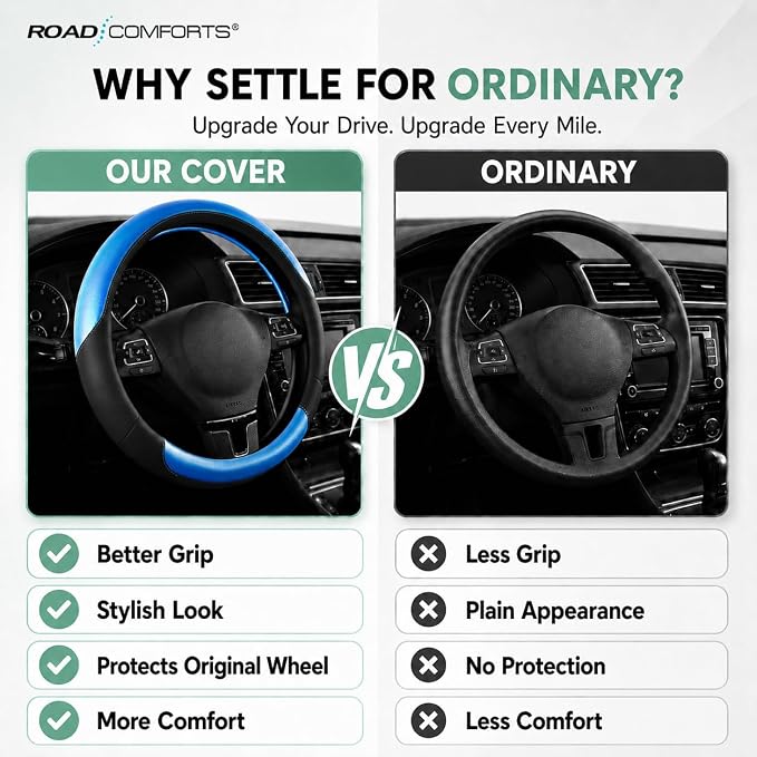 Road Comforts Steering Wheel Cover – Breathable Leather Steering Wheel Cover, Anti-Slip Grip, Universal Fit 14.5” to 15”, Heat & Cold Resistant for Cars, SUVs, and Trucks – Black & Metallic Blue