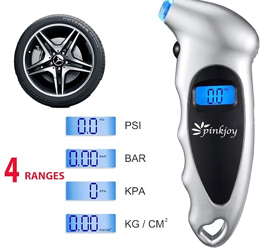 PINKJOY Digital Tire Pressure Gauge 4 Pack 150 PSI, 4 Settings, Tire Gauge for Car, Truck, Motorcycle, Bicycle with Backlit LCD and Non-Slip Grip (Silver)