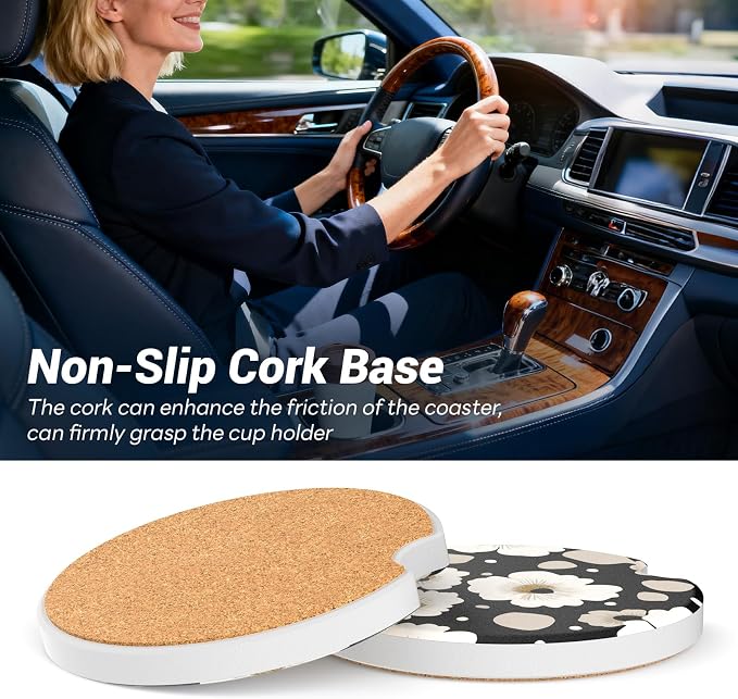 2 Pack Ceramic Car Coasters for Cup Holder, 2.56 in Anti Slip Absorbent Coaster with Cork Base and Finger Notch, Funny Cute Car Accessories for Women, Daisy