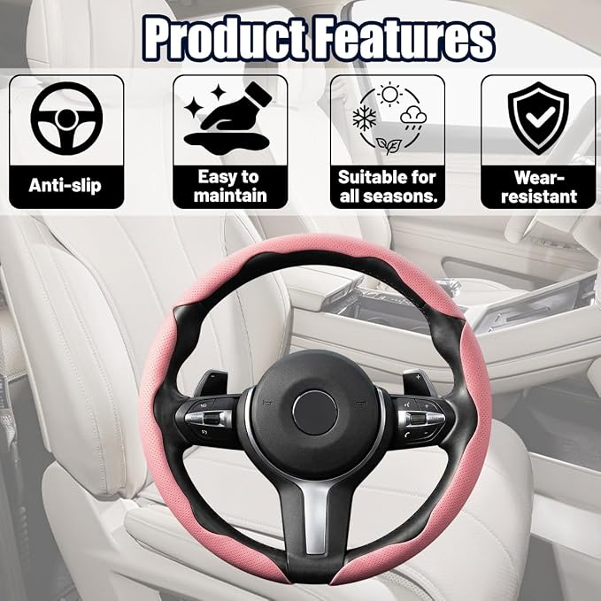 3PCS Car Steering Wheel Cover, 14.5-15" Breathable Nappa Leather Segmented Steering Wheel Protector with Non-Slip Grip, Stylish Auto Interior Decor Accessories, Universal for Vehicles (Pink)