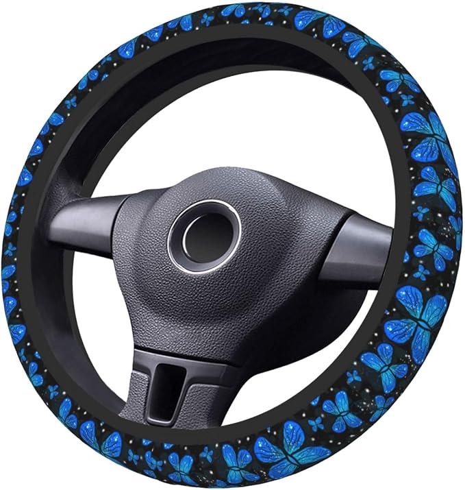 Blue Butterfly Black Steering Wheel Cover for Women Men Girls Car Accessories Decor Anti-Slip Neoprene Auto Steering Wheel Covers Protector Universal 15 Inch