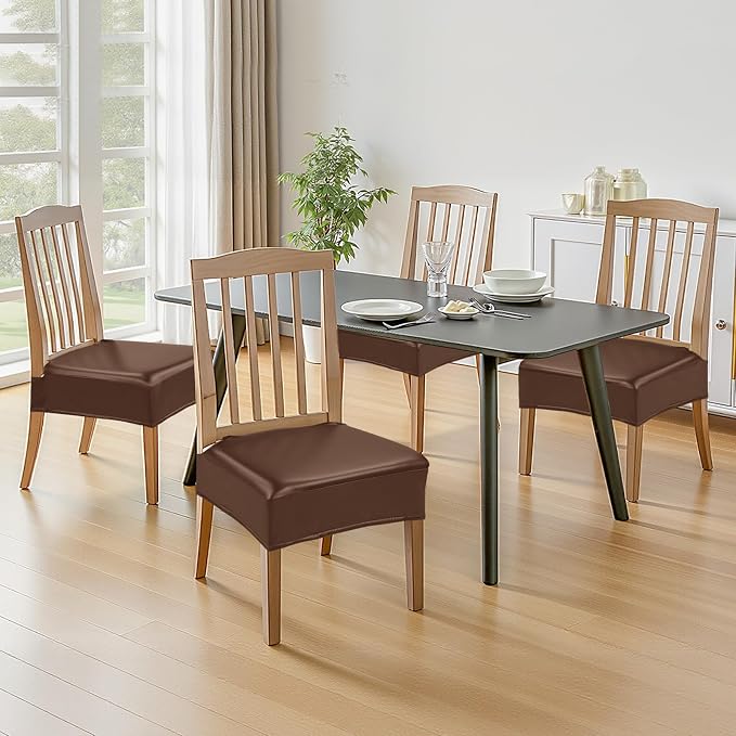 Waterproof Dining Chair Seat Covers Leather Kitchen Seat Covers, Stain Resistant Stretch Chair Seat Covers for Dining Room Chairs Set of 4, Rear Covered Washable Dining Chair Covers Coffee