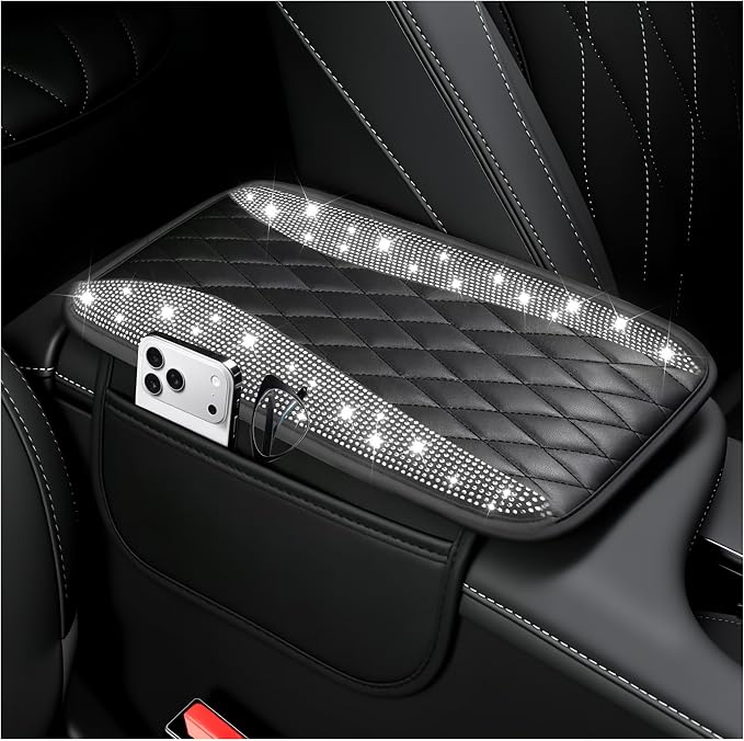 IHOTDER Bling Rhinestones Center Console Covers for Cars,Upgraded Arm Rest Cover for Car with Side Storage Pocket for Car Seat Organizer,Middle Console Cover Stylish Car Decoration (Bling Silver)