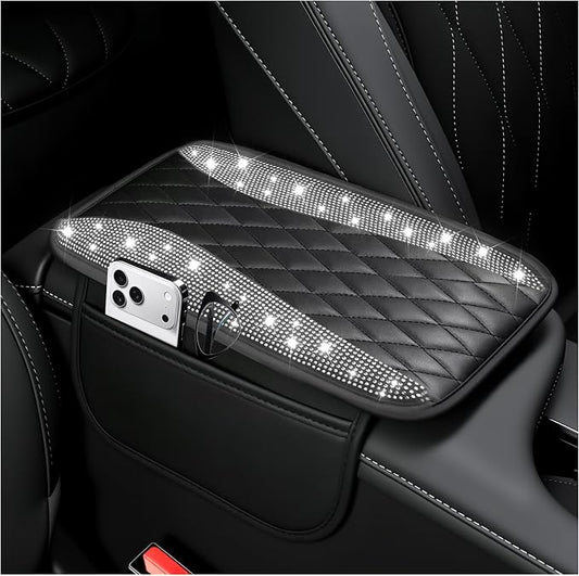 IHOTDER Bling Rhinestones Center Console Covers for Cars,Upgraded Arm Rest Cover for Car with Side Storage Pocket for Car Seat Organizer,Middle Console Cover Stylish Car Decoration (Bling Silver)