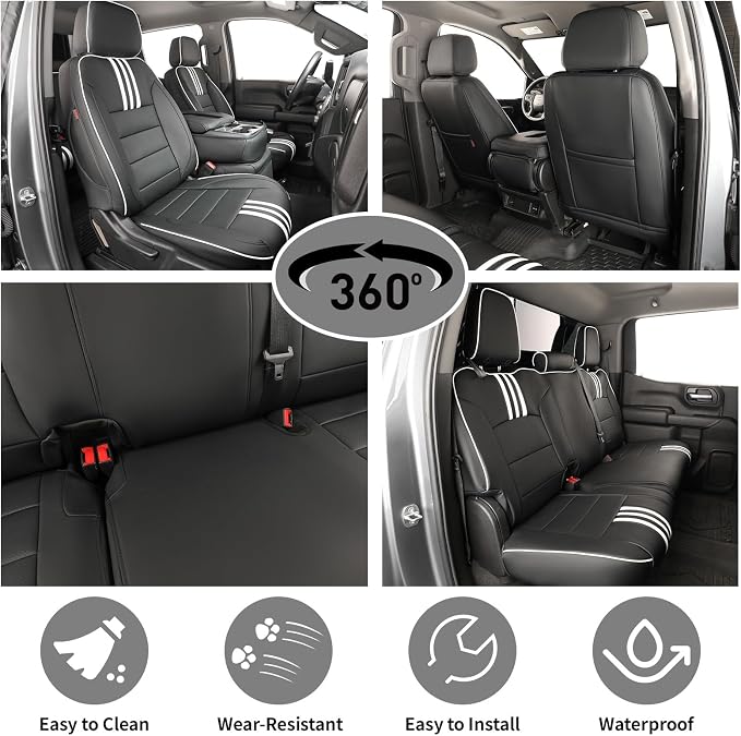 EKR Silverado Seat Covers Custom Fit for (Crew Cab) 2019-2026 Chevrolet Silverado 1500/1500 Limited/HD 2500/3500, Rear Row W/No Armrest,Faux Leather(Black with White Trim)