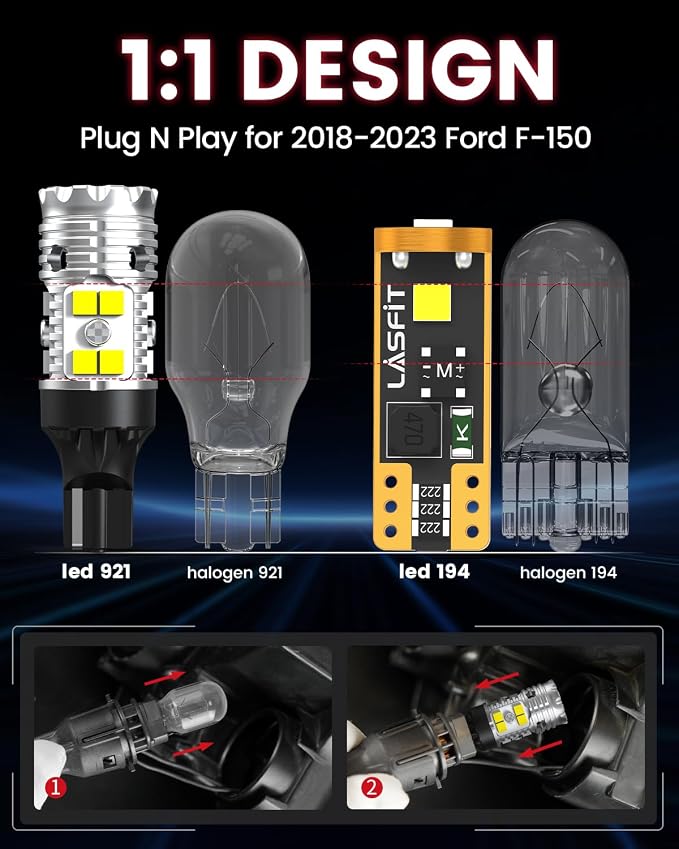 LASFIT for Ford F-150 Cargo Light and License Plate Light 194 168 2825/921 912 W5W LED Bulbs for 2018-2023, Canbus White Combo Kit, 6000K, Non-Polarity, Pack of 4