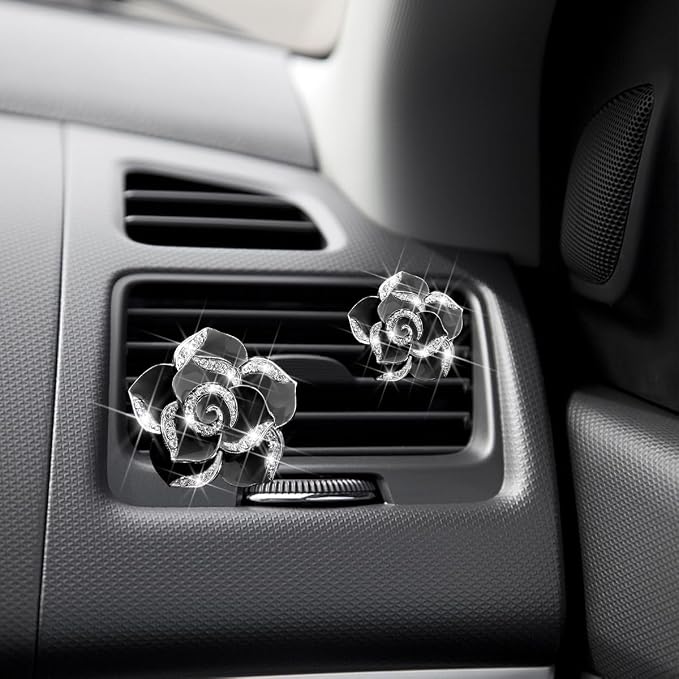 Osilly Bling Car Air Vent Clips, 4PCS/2Set Flower Rhinestone Vehicle Air Outlet Clamp, Sparkly Diamond Automotive Interior Vent Clip Charm Decor Accessories, Universal for SUV Truck RV (Black)