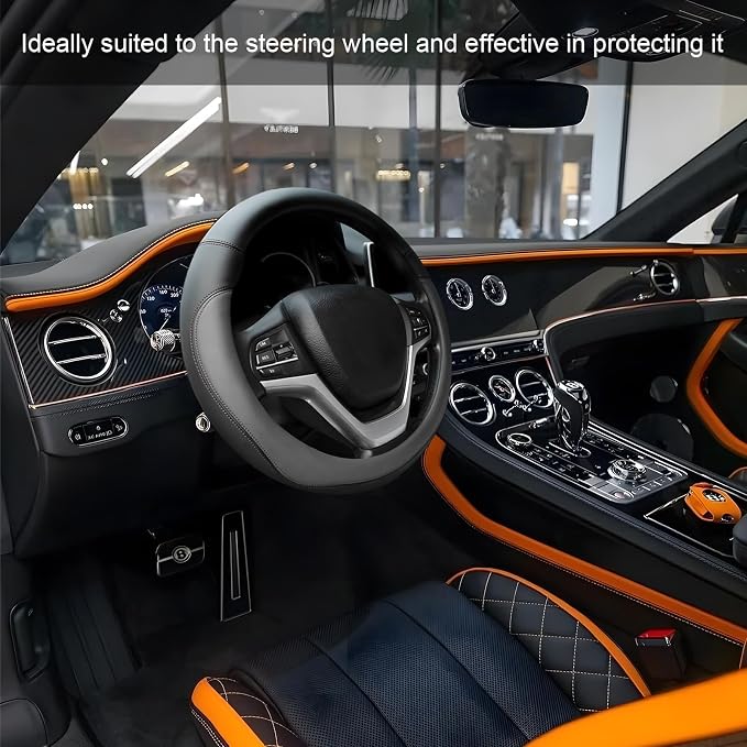 Leather Steering Wheel Cover, Anti-Slip Full Surround Car Wheel Protector with Comfortable Grip, Universal Elastic Decorative Cover Fit for 14 1/2-15 Inch Steering Wheels (Gray)