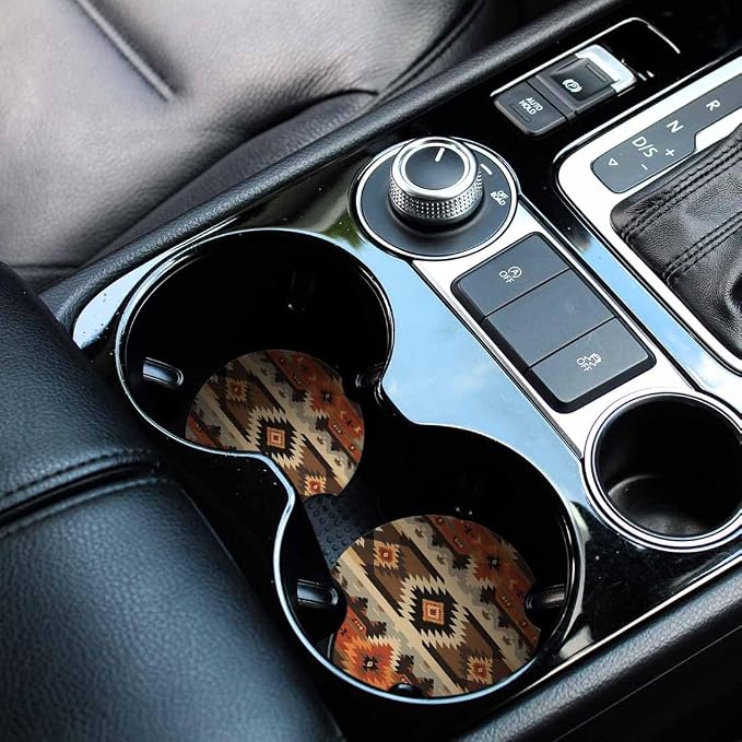 Geometric Pattern Car Coasters for Cup Holders American Style Aztec Car Cup Holder Coasters 2 Pack for Car, Anti Slip Ceramic Car Cup Mat with Finger Notch Cute Car Interior Accessories for Women Men
