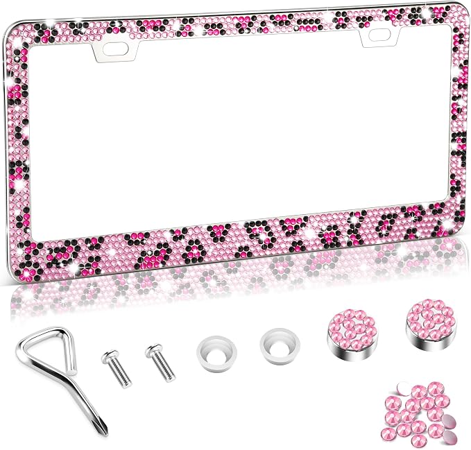 Amiss Bling License Plate Frame for Women, 1Pack Rhinestone Handcrafted Crystal Premium Stainless Steel, Stainless Steel Car Decorative Accessories with Diamond Sparkle Glitter Caps