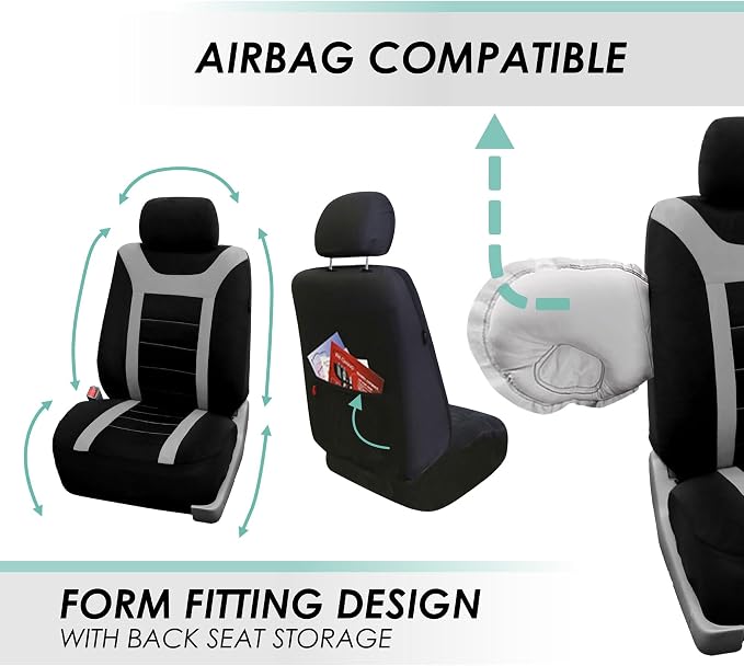 FH Group Car Seat Covers Sports Seat Covers Front Seats Only, Airbag Compatible Gray Black Automotive Seat Cover Combo Small Car Seat Cover Design Universal Fit Interior Accessories Cars Trucks SUVs