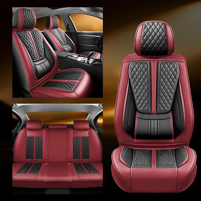 Fit Leaf Car Seat Covers Compatible with Nissan Leaf 2011-2025 2026.Full Coverage Waterproof Leather,Compatible with Airbag,All - Weather Seat Cushion Protector(Full Set,Red)