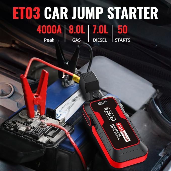 S ZEVZO ET03 4000A Car Jump Starter Jump Starter Battery Pack for Up to 8.0L Gas and 7.0L Diesel Engines, 74Wh Portable 12V Jump Box with USB Ports, LCD Display, Storage Case, and LED Light