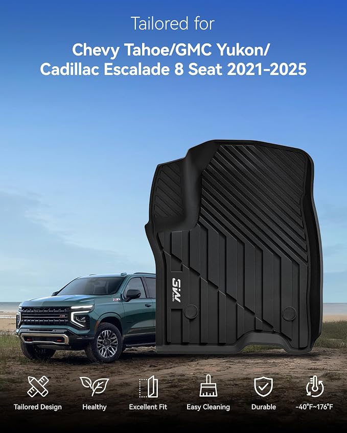 3W Floor Mats & Cargo Liner & Seat Back Mats for 2021-2026 （Only 8 Seats） Chevrolet Chevy Tahoe/GMC Yukon(Not Fit Yukon XL or Tahoe LS)/Cadillac Escalade(Not Fit Escalade ESV),All Weather Car Mats
