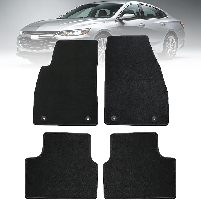 Mythoria 4PCS Custom Fit Car Floor Mats for Chevy Chevrolet Malibu 2016-2025 (Not for Malibu Limited), All-Weather Velour Carpet Floor Liners Full Set, Front+Rear with Anti-Slip Retention Clips, Black