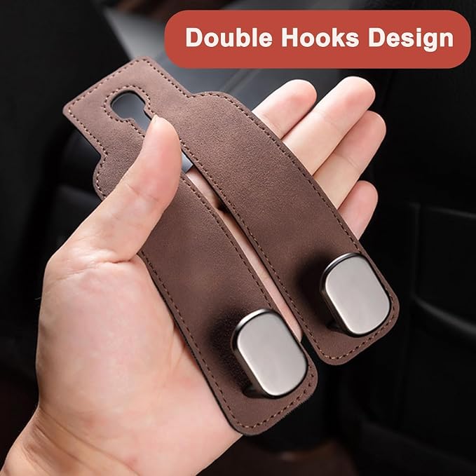Amelity Car Headrest Hooks, Purse Hook for Car 4 Pack Brown | Universal Car Interior Accessories for Women, Available in 2/4 Pack, Storage Hanger Holds Purses, Backpacks, Grocery Bags