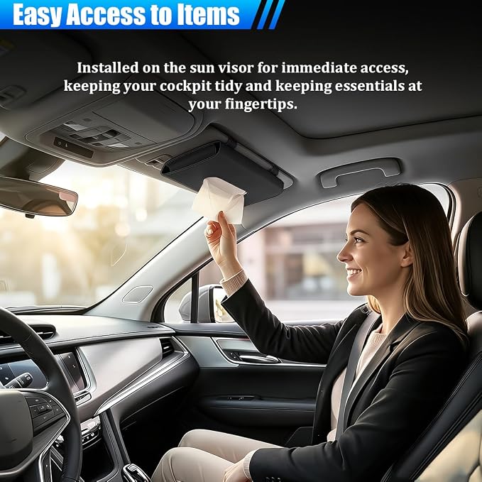 Car Tissue Holder, Rectangle Vehicle Sun Visor Napkin Case with Ergonomic Take Out Port, Automotive Interior Sunshade Tissue Box Organizer, Universal for SUV RV Truck (Black)