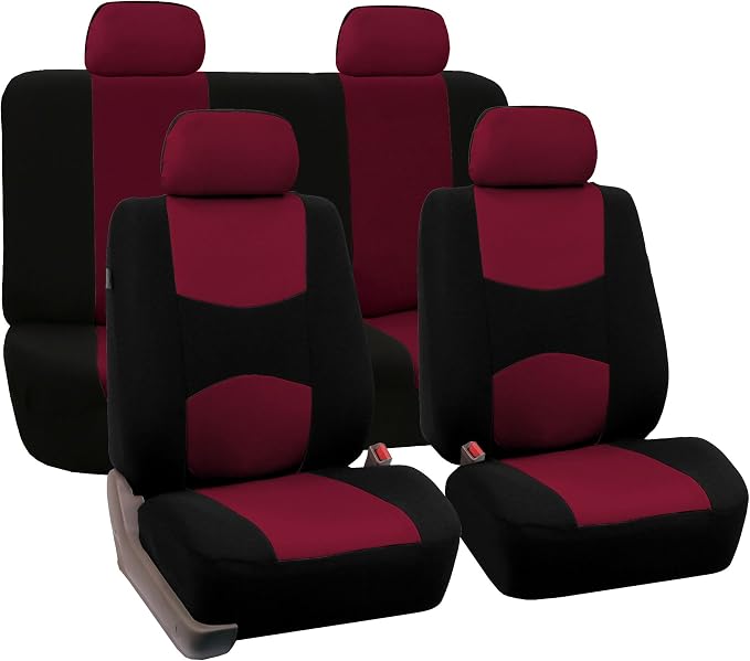 FH Group Cloth Car Seat Covers Set, Universal Fit Burgundy - Low Back Front, Solid Rear, Washable, for SUV, Sedan & Van