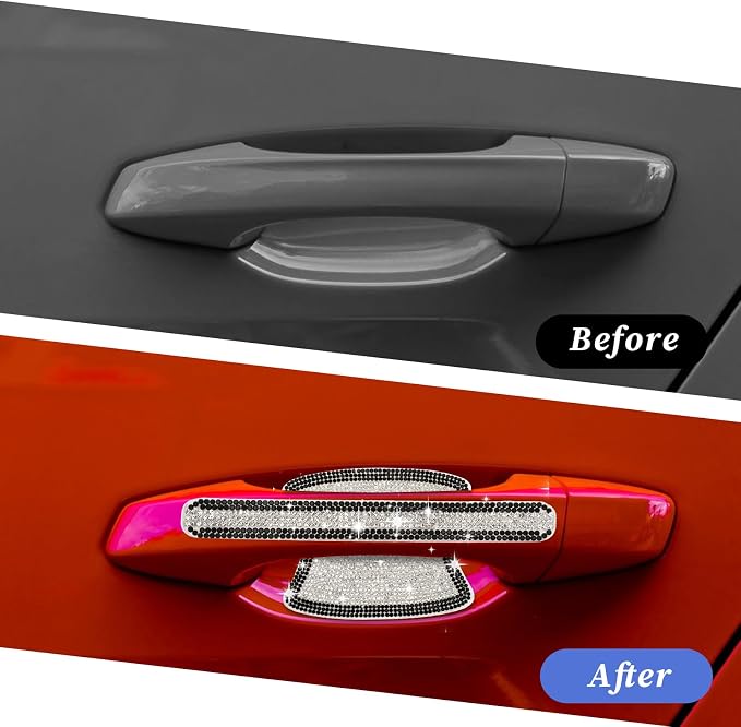 10PCS Car Door Handle Protector Bling Rhinestones Stickers Universal Auto Door Handle Scratch Cover Guard Protective Film Pad with Safety Reflective Strips Bling Car Accessories (Silver and Black)
