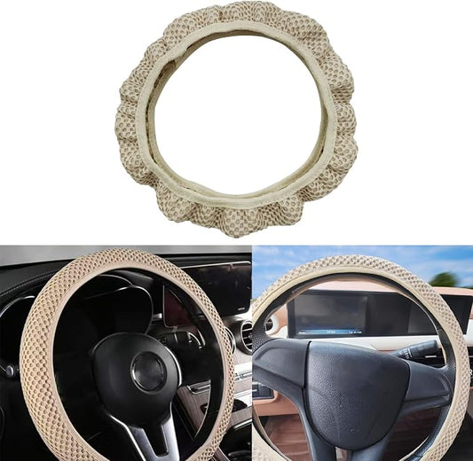 Car Elastic Stretch Steering Wheel Cover, Universal 15" Automotive Steering Wheel Protector, Microfiber Ice Silk, Breathable, Anti-Slip, Easy Carry, Car Accessories for Cars/SUVs/Vans/Truck (Beige)