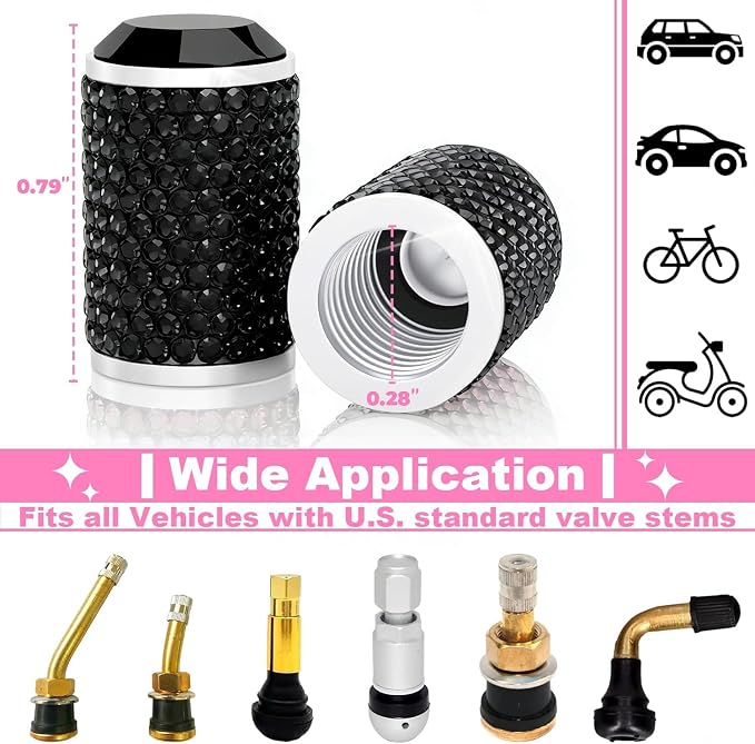 4Pcs Car Tire Valve Stem Caps, Bling Tire Air Cap for Car, Car Accessories for Women Universal Stem Covers, Anodized Aluminum Tires Valve Cap with O Rubber Ring, Crystal Diamond