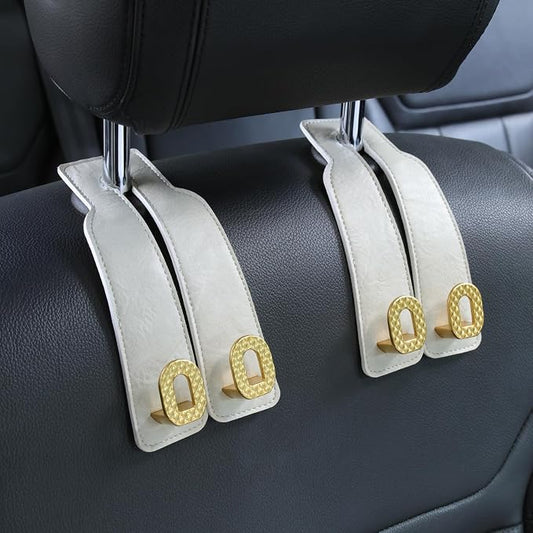 Car Headrest Hooks Universal Car Purse Hook Premium Leather and Alloy Twin Hook Car Seat Back Storage Hanger Hook for Purse Bags Cloth Drink Durable Holder Car Accessories (BH09-White-Gold)