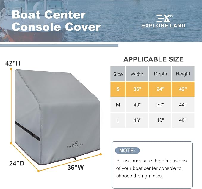 Explore Land Waterproof Boat Center Console Cover Fade Resistant 600D Marine Grade Fabirc Size up to 36"W x 24"D x 42"H, Grey