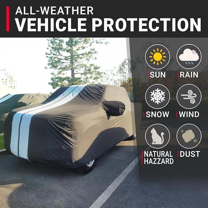 iCarCover Premium Plus Truck Cover Waterproof All Weather Rain Snow UV Sun Protection, Silverado 2500 3500, Sierra 2500HD 3500HD, F-250 350 450, Size T76 (See Size Chart) Stripe - Black/Gray