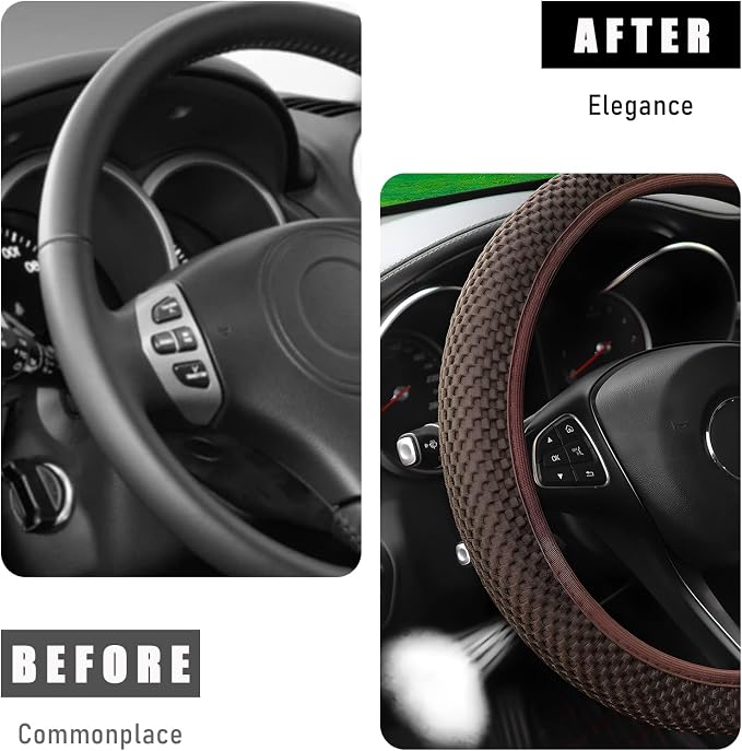 Wevdn Elastic Stretch Steering Wheel Cover, 15"×15" Microfiber Breathable Ice Silk Steering Wheel Protector, Anti-Slip Elastic Steering Wheel Cover for Men Women, Car Accessories (Brown)