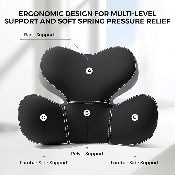 BEBAS Ergonomic Memory Foam Lumbar Support Pillow for Car, BlackGray | Zoned Pressure Relief for Back Support, Lumbar Cushion with Fixed Ring, Breathable Washable Cover, Fits Driving & Office