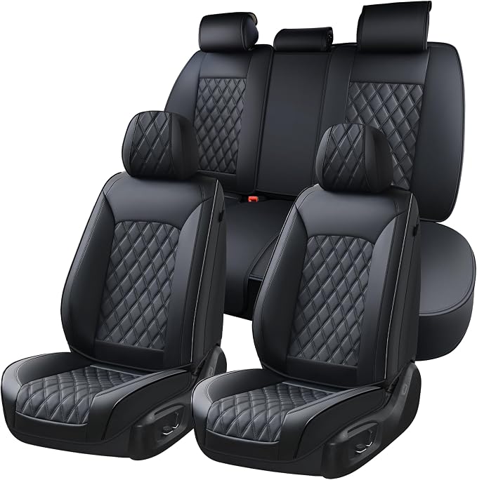 Huidasource Car Seat Covers Full Set, Seat Covers Nappa Leather Universal Fit for Most Cars, Vans, Trucks, SUVs, Compatible with Airbags, Child Seat, Car Seat Cover Velcro Adjustable (Full Set/Black)