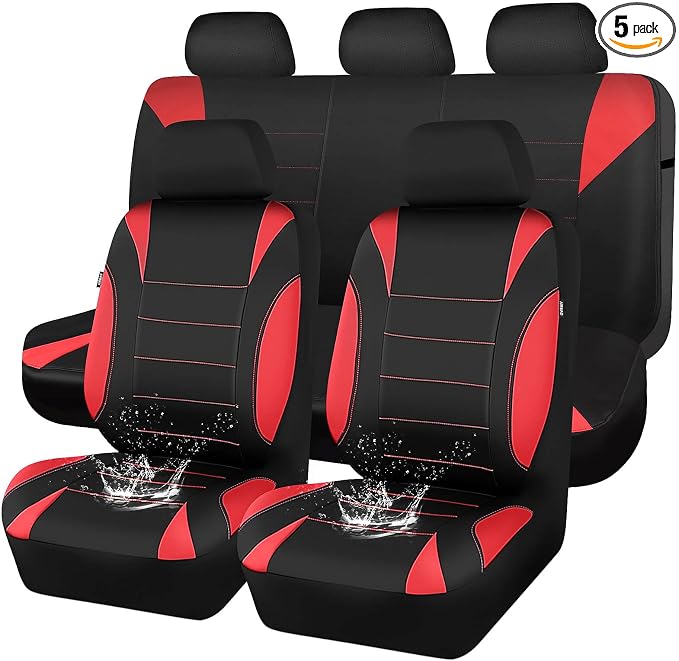 CAR PASS Neoprene Wetsuit Seat Covers, Waterproof Car Seat Covers Full Sets with 5mm Composite EVA, Universal Fit for Car,Sedan, SUV TrucksAnti Slip, Airbag Compatible(Black Red