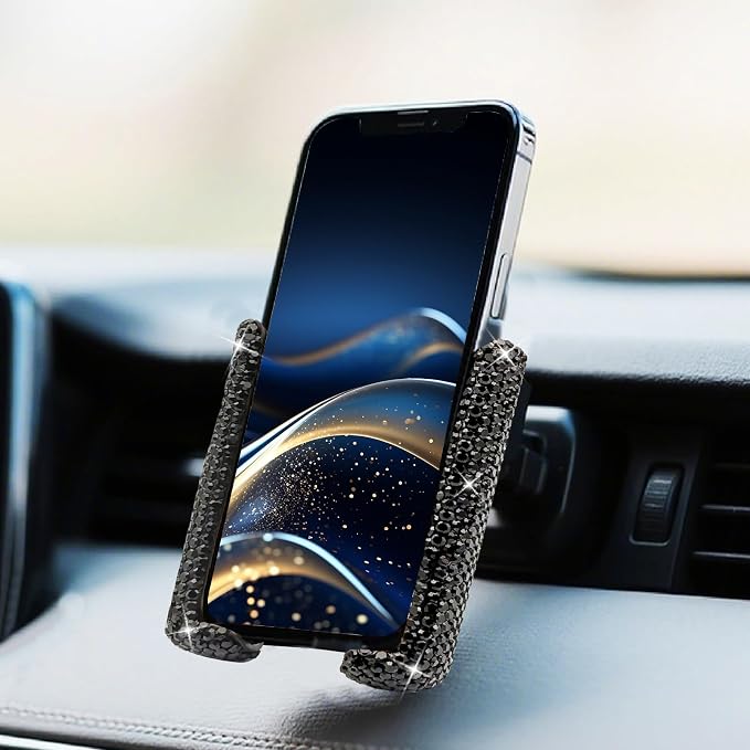 Bling Rhinestone Car Phone Holder, Mini Universal 360° Adjustable Auto Mount For Dash & Air Vent, Crystal Car Accessories For Women & Girls (Black)
