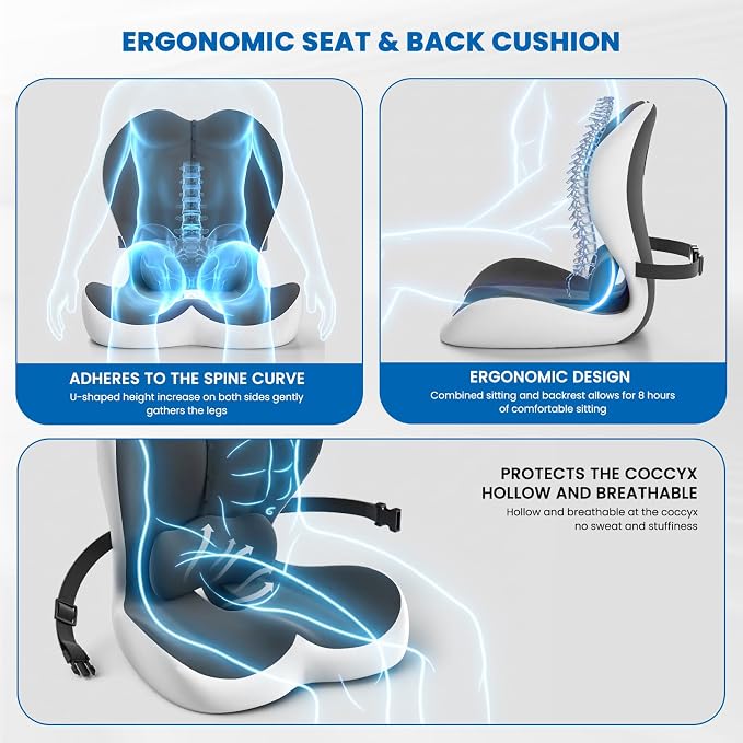 Large Car Seat Cushion with Lumbar Support Pillow for Long Sitting | Hollow Design for Coccyx, Reducing Sciatica Pressure, Tailbone & Lower Back Comfort, Memory Foam Cushion, Non-Slip for Chair