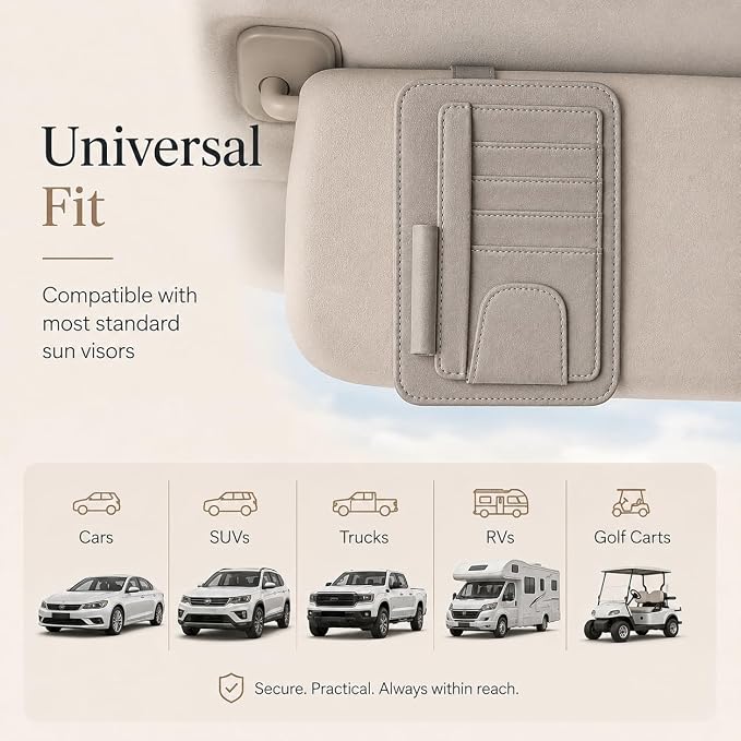 Car Sun Visor Organizer, Grey Premium Vegan Faux Leather Visor Storage Pouch for Cards, Cash, Receipts, Parking Permits and Glasses, Universal Fit for Cars, SUVs, Trucks, RVs and Golf Carts
