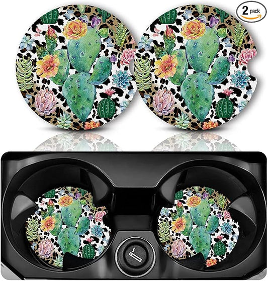 Yonlevres Car Coasters for Cup Holders，2.75" Anti Slip Rubber Mat with A Finger Notch, 2 Pack Car Cup Holder Coasters for Car Interior Accessories for Women Men Cactus