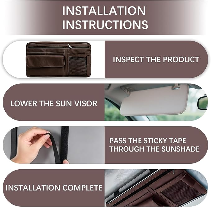 Car Sun Visor Organizer, Visor Accessories, Leather Sunvisor Pocket Organizer Case with Multi-Pocket Net Zipper, Waterproof Auto Sunshade Organizer Bag for Card Pen Sunglasses Document (Brown)