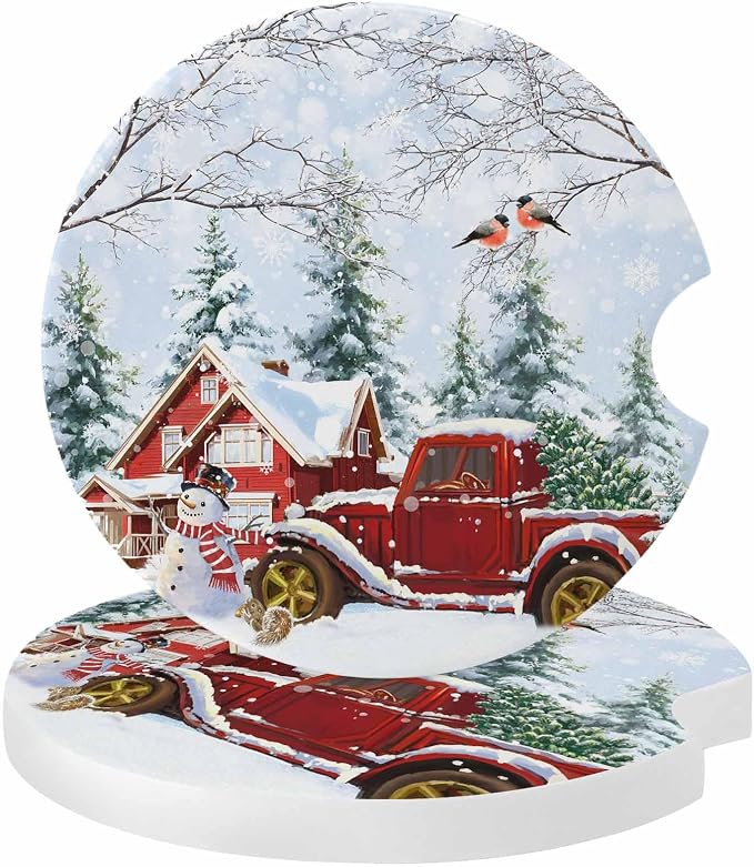 Car Coasters for Cup Holders 2.6"Dia Absorbent Coasters Set of 2 Car Interior Accessories for Women Men Ceramic Car Coaster for Drinks with Finger Grooves,Christmas Winter Snowflakes Snowman Truck Red