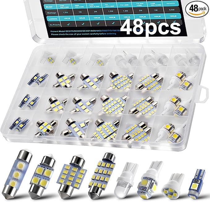 48Pcs Led Interior Car Lights Kit, Premium Bright White Led Bulb (194 T10 T5 De3175 W5W 2825 578 168) | Dome Map Dash Door License Plate Tail Light Bulbs, Interior Lights for Cars, Trucks, Rv, Boat