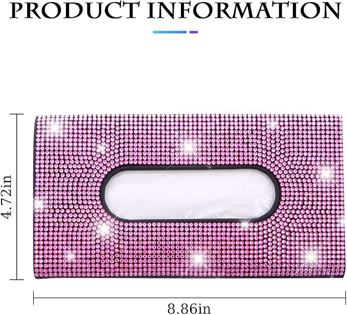 Bling Car Sun Visor Tissue Box Holder, Rhinestone PU Leather Crystal Sparkling Napkin Holder, Backseat Paper Towel Cover Case Car Accessories for Women (Pink)