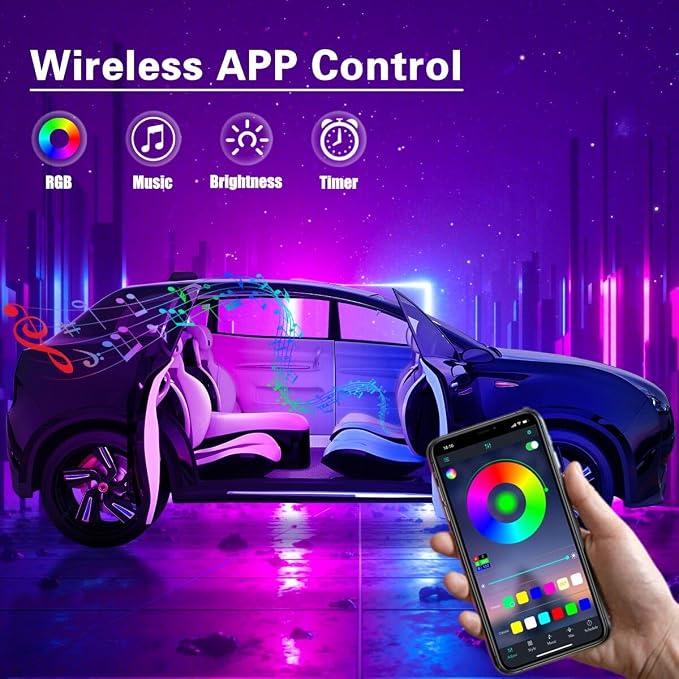 Acrylic Interior Car Lights APP Control, 6 in 1 Car Ambient Lighting Kit | Dreamcolor & 210 modes, Light Uniform and Soft, Wireless APP Control Inside Car Accessories