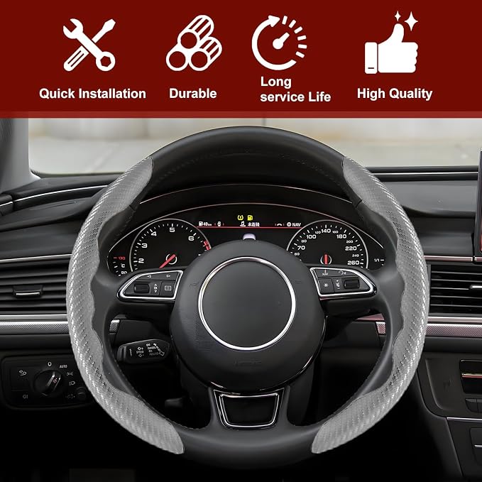 Universal Fit Carbon Fiber Steering Wheel Cover, Segmented Steering Wheel Protector, Carbon Fiber Anti-Skid Steering Wheel Cover Car Interior Accessories (2 Pcs Grey)