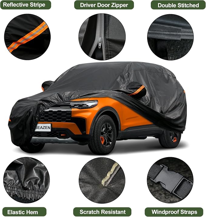 SEAZEN 7 Layers SUV Car Cover Waterproof All Weather, Heavy Duty Car Cover for Automobiles with Zipper Full Exterior Cover Outdoor UV Snow Wind Protection, Universal Full Car Cover 176" to 190"