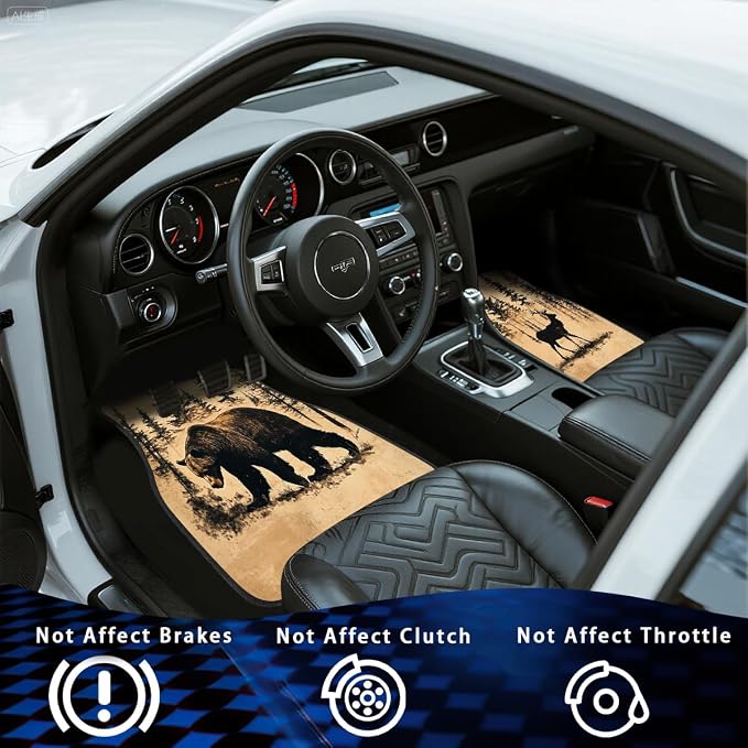 Vintage Deer Bear Car Floor Mats Retro Forest Lodge Rustic Carpet Front Rear Carpets Mat Decorative Car Floor Carpets Non-Slip Auto Car Accessories Universal Fit Car Accessories for Truck