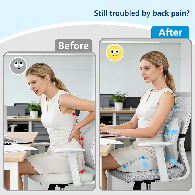 Ergonomic Memory Foam Seat Cushion with Strap for Office Chair, Light Grey | Contoured coccyx cutout supports back and butt, with a non-slip base and washable cover for office chairs and cars.