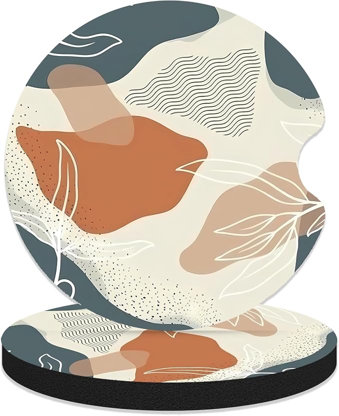 Coasters for Cup Holders - Abstract Boho Desert Leaf | 2 Pack Anti Slip Universal Rubber Car Cup Coaster for Women Men, Car Interior Accessories