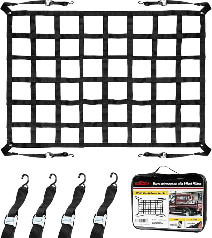 Cargo Net 50" x 66" Truck Bed Heavy Duty with S-Hooks | Adjustable bungee netting, 2" wide mesh, Trailer SUV trailer compatible, small trunk organizer, automotive carrier system