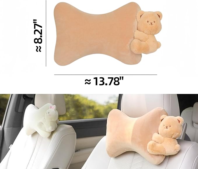 Car Headrest Pillow 2PCS Plush Bear ＆ Bunny Car Seat Headrest Pillow - Memory Foam Neck Support Cushions for Comfortable Driving, Easy Install & Washable (Brown Bear)
