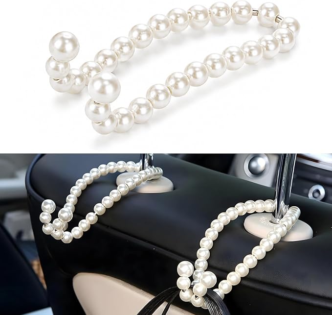 Elegant Pearl Car Seat Headrest Hook, Cute Pearl Car Seat Back Hook Storage Organizer, Exquisite Headrest Hanger Purse Holder Interior Decoration for Women Girls